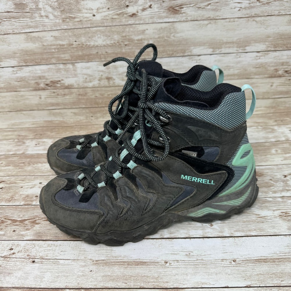 Merrell Mid Black Adventure Black Outdoor Trail Hiking Boots Women's 7.5 Green - Picture 3 of 8